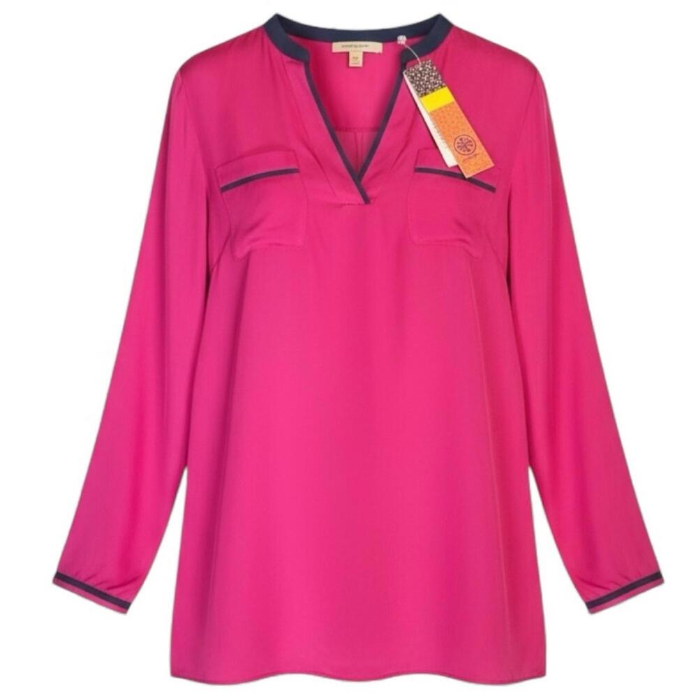 NWT Tory Burch Tamara Tunic Silk Long Sleeve Blouse Top Pink Fuchsia Blue - Picture 1 of 9